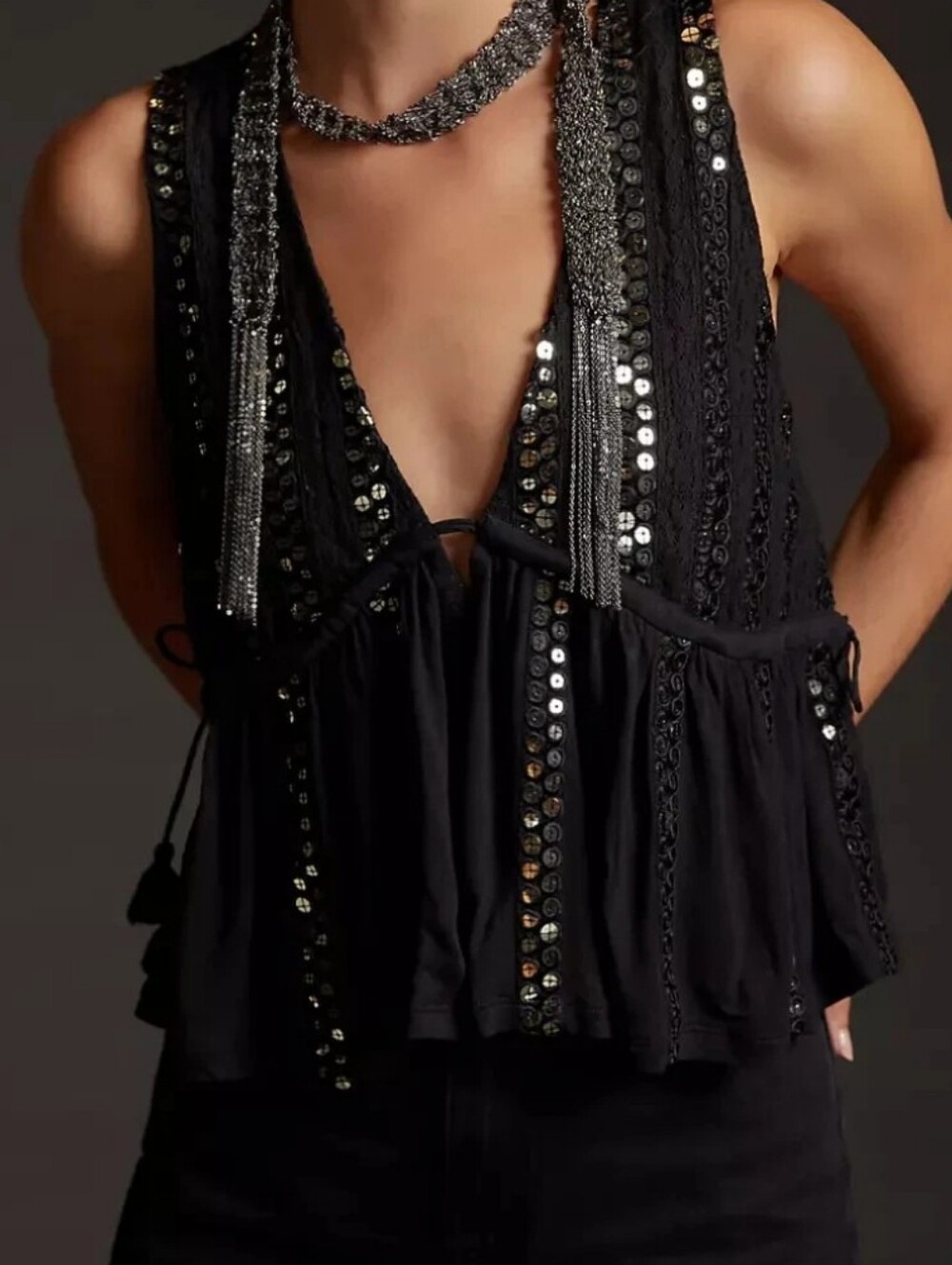 Anthropologie Forever That Girl Black Sequined V-Neck Tank Top Sz Medium EUC